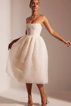 Oh Polly Party Dresses | Birthday^Embellished Corset Tulle Skirt Midi Dress in Ivory