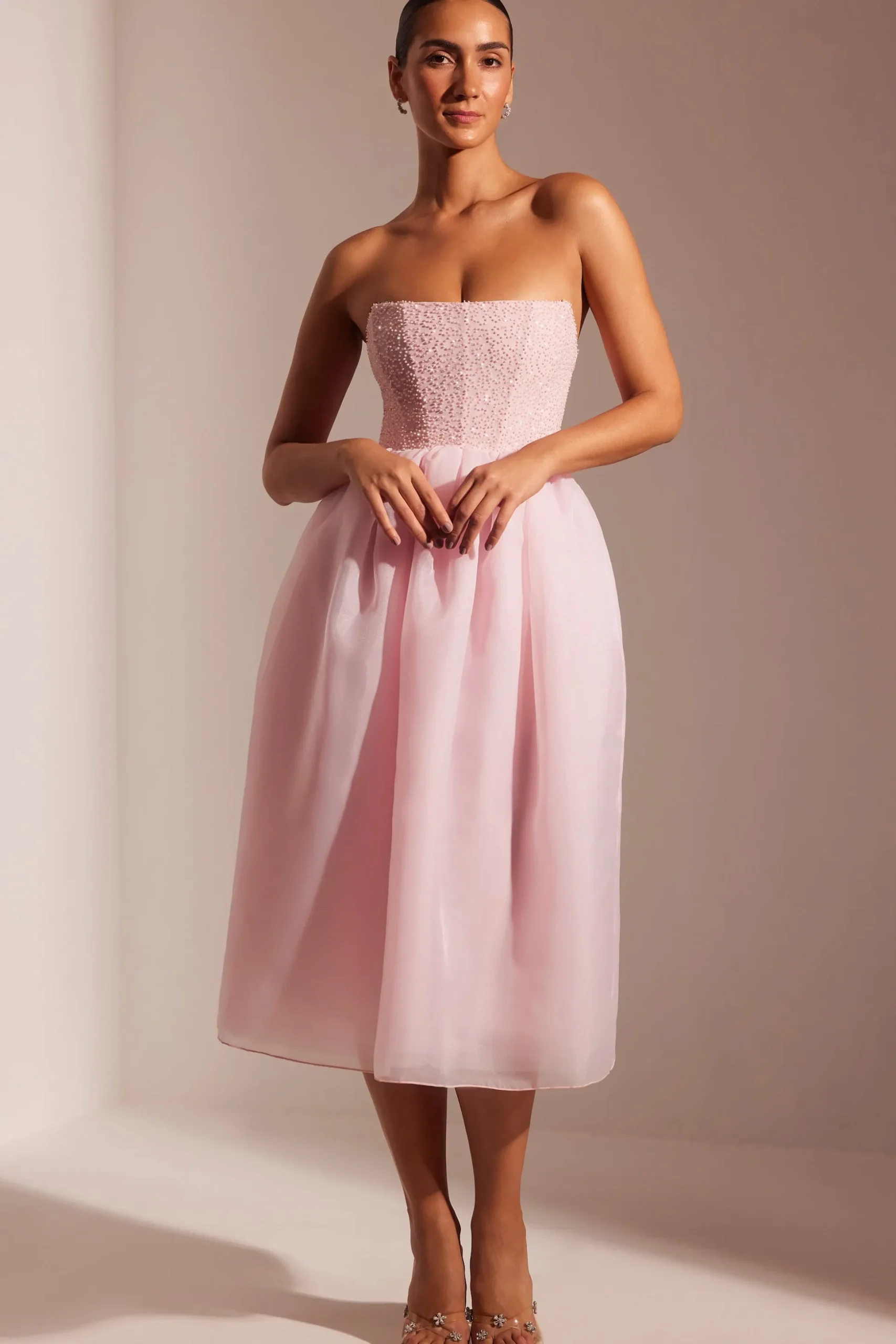 Oh Polly Party Dresses | Birthday^Embellished Corset Tulle Skirt Midi Dress in Blush