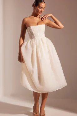 Oh Polly Party Dresses | Birthday^Embellished Corset Tulle Skirt Midi Dress in Ivory