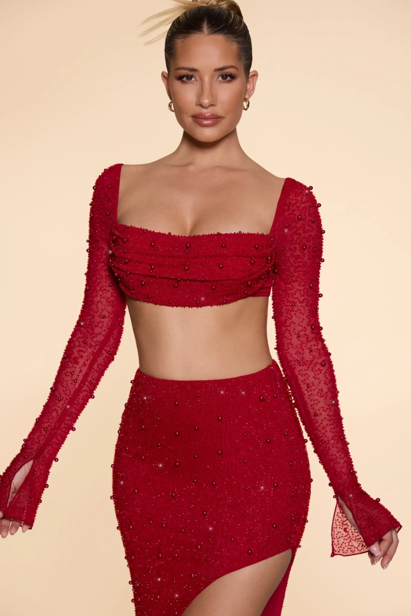 Oh Polly Co-Ords | Tops^Embellished Cowl Neck Crop Top in Red