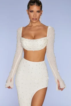 Oh Polly Tops | Party Dresses^Embellished Cowl Neck Crop Top in Ivory