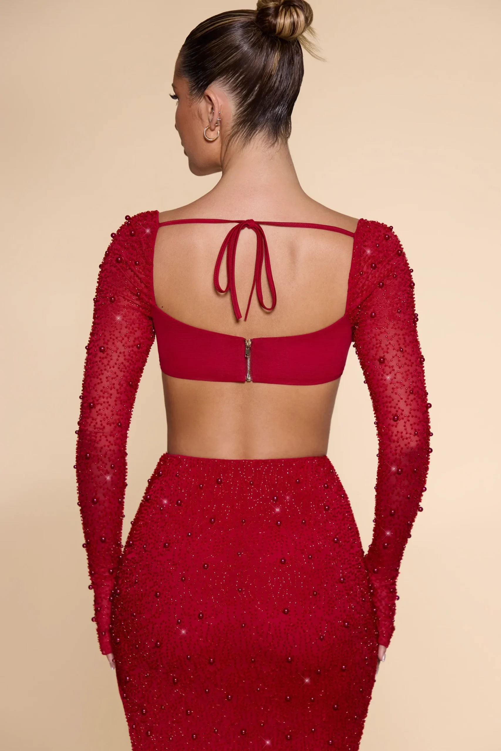 Oh Polly Co-Ords | Tops^Embellished Cowl Neck Crop Top in Red