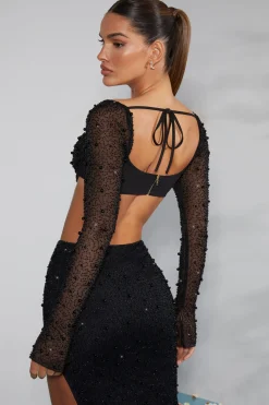 Oh Polly Co-Ords | Tops^Embellished Cowl Neck Crop Top in Black
