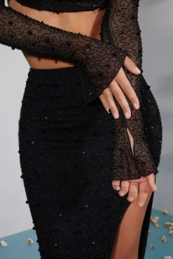 Oh Polly Co-Ords | Tops^Embellished Cowl Neck Crop Top in Black