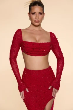 Oh Polly Co-Ords | Tops^Embellished Cowl Neck Crop Top in Red