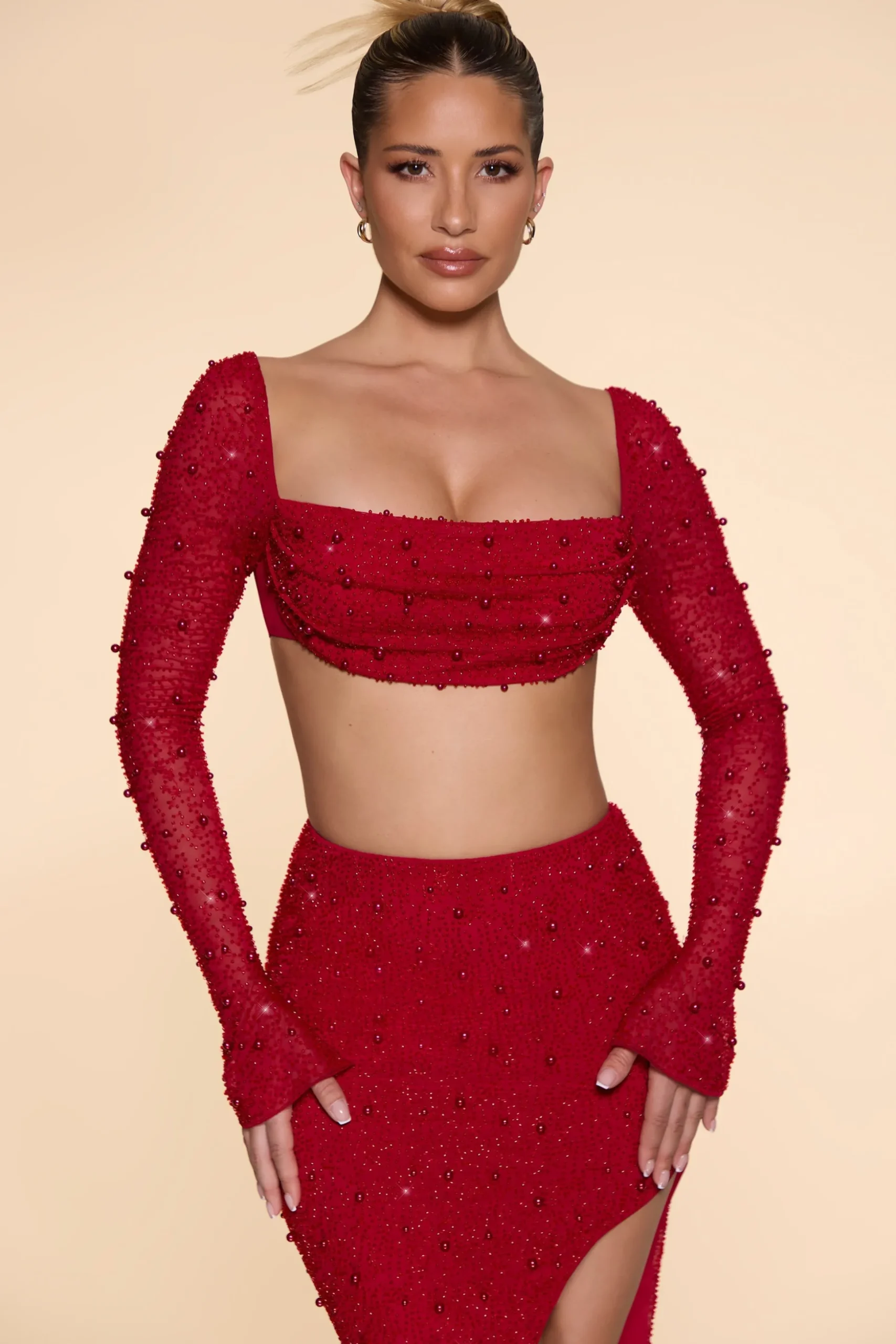 Oh Polly Co-Ords | Tops^Embellished Cowl Neck Crop Top in Red