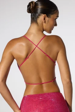 Oh Polly Tops | Party Dresses^Embellished Cowl Neck Open Back Crop Top in Hot Pink HotPink