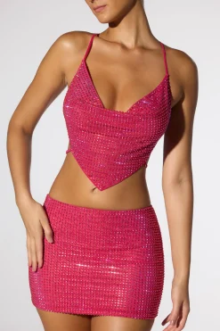 Oh Polly Tops | Party Dresses^Embellished Cowl Neck Open Back Crop Top in Hot Pink HotPink