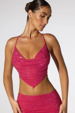Oh Polly Tops | Party Dresses^Embellished Cowl Neck Open Back Crop Top in Hot Pink HotPink