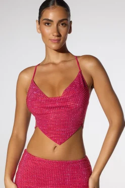 Oh Polly Tops | Party Dresses^Embellished Cowl Neck Open Back Crop Top in Hot Pink HotPink