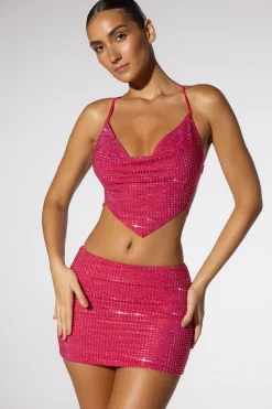 Oh Polly Tops | Party Dresses^Embellished Cowl Neck Open Back Crop Top in Hot Pink HotPink