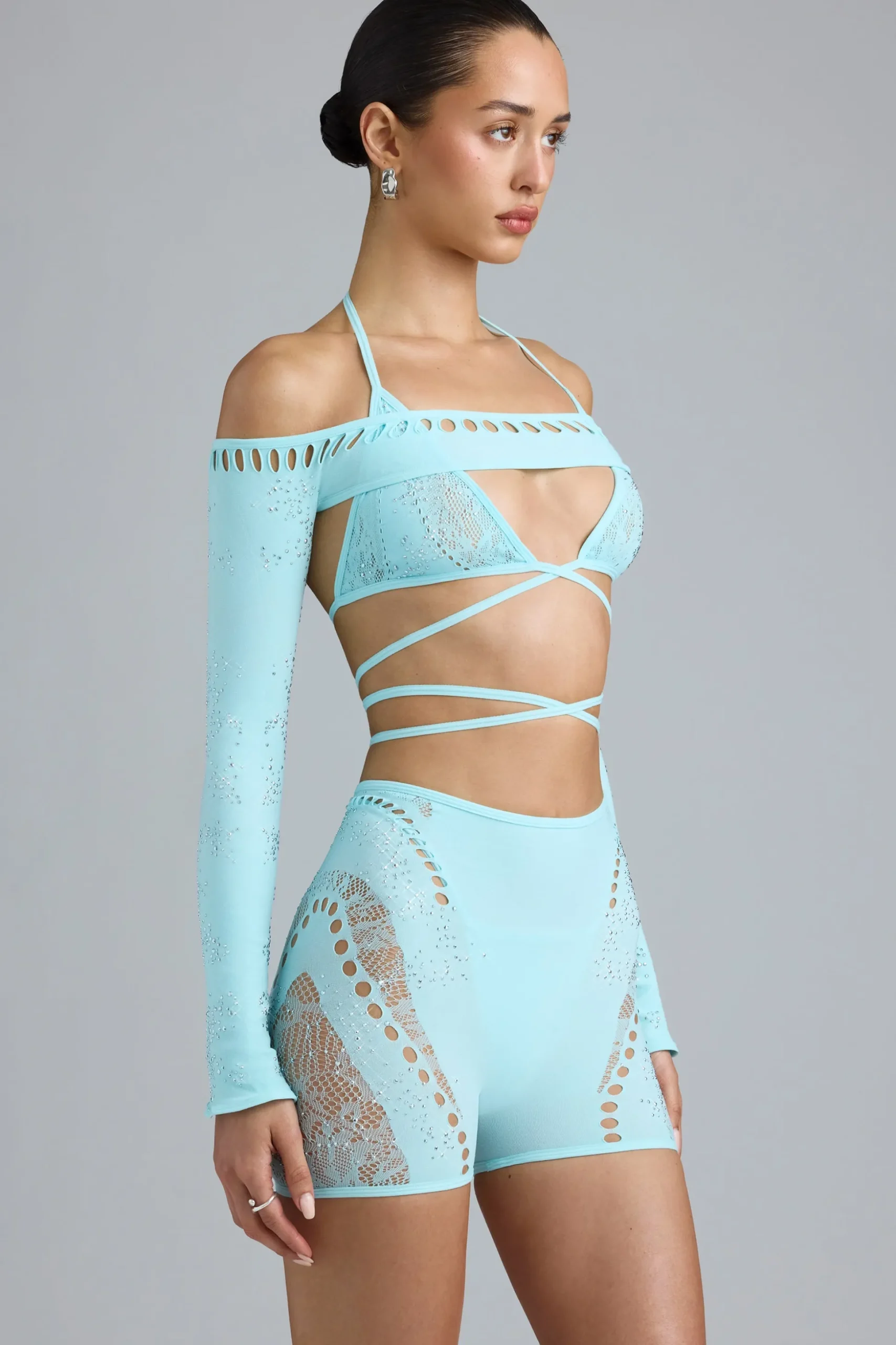 Oh Polly Tops^Embellished Cropped Shrug in Ice Blue IceBlue