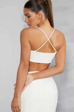 Oh Polly Co-Ords | Tops^Embellished Cross Back Crop Top in Ivory