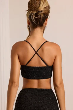 Oh Polly Tops^Embellished Cross Back Crop Top in Black