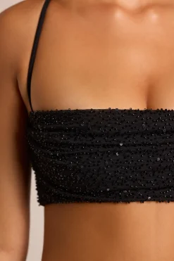 Oh Polly Tops^Embellished Cross Back Crop Top in Black