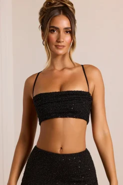 Oh Polly Tops^Embellished Cross Back Crop Top in Black