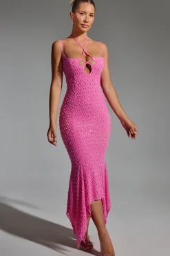 Oh Polly Homecoming Dresses | Birthday^Embellished Cut-Out Asymmetric Midaxi Dress in Hot Pink HotPink