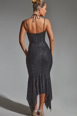 Oh Polly Party Dresses | Holiday Party Dresses & Outfits^Embellished Cut-Out Asymmetric Midaxi Dress in Black