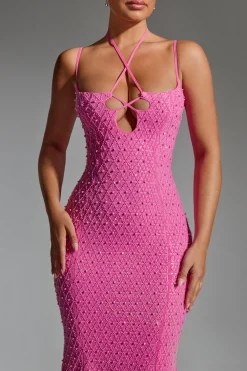 Oh Polly Homecoming Dresses | Birthday^Embellished Cut-Out Asymmetric Midaxi Dress in Hot Pink HotPink