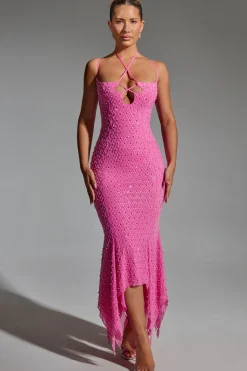 Oh Polly Homecoming Dresses | Birthday^Embellished Cut-Out Asymmetric Midaxi Dress in Hot Pink HotPink