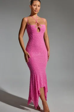 Oh Polly Homecoming Dresses | Birthday^Embellished Cut-Out Asymmetric Midaxi Dress in Hot Pink HotPink