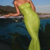 Oh Polly Wedding Guest | Mesh Dresses^Embellished Cut-Out Bandeau Maxi Dress in Pear Green PearGreen
