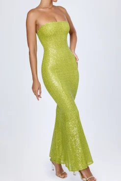 Oh Polly Wedding Guest | Mesh Dresses^Embellished Cut-Out Bandeau Maxi Dress in Pear Green PearGreen