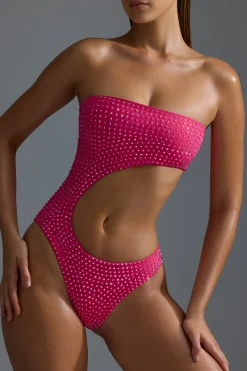 Oh Polly Swimsuits^Embellished Cut-Out Cheeky One-Piece Swimsuit in Raspberry Sorbet RaspberrySorbet