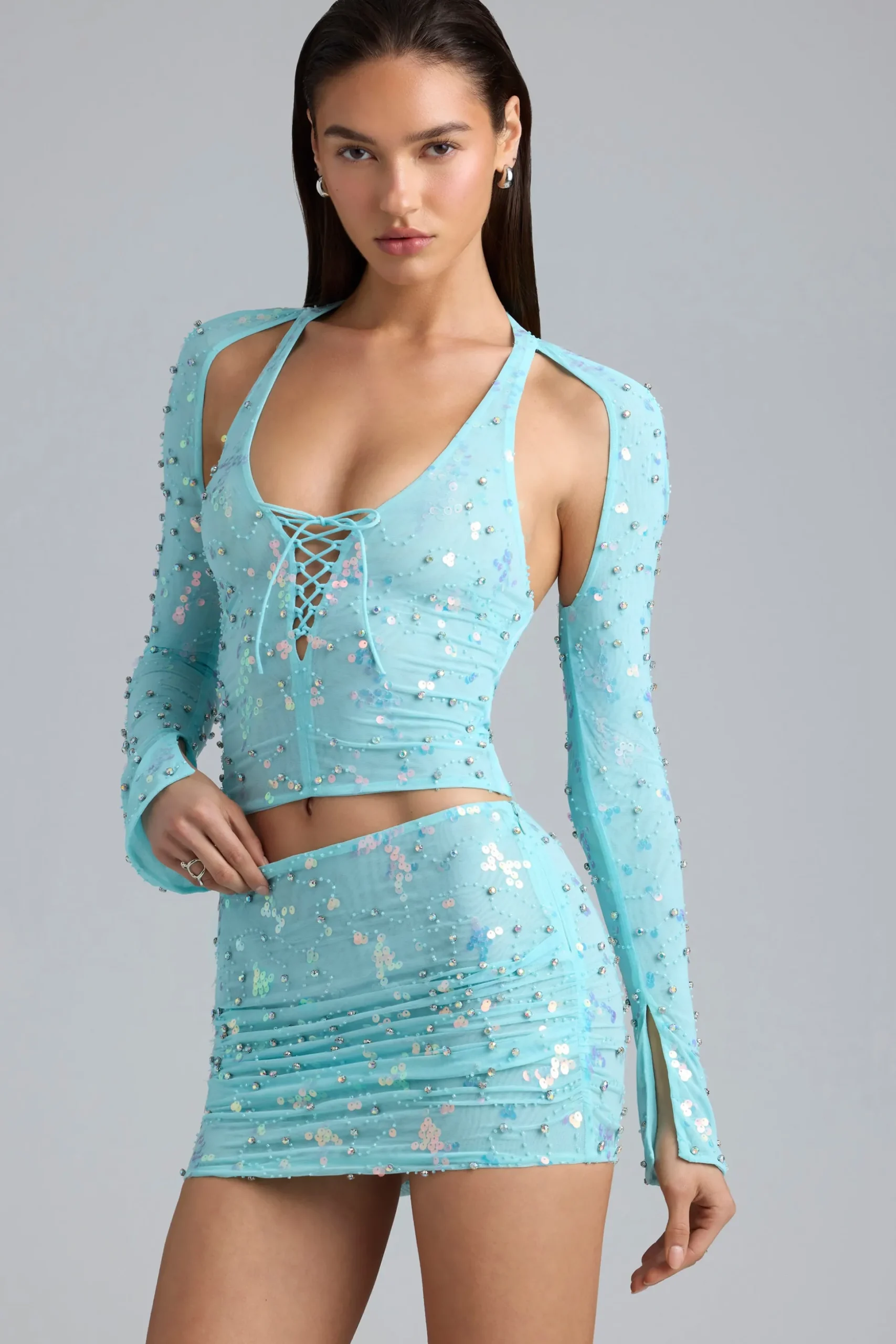 Oh Polly Women'S Clothing Sale - $65 And Under | Women'S Clothing Sale - $40 And Under^Embellished Cut-Out Halterneck Top in Ice Blue IceBlue