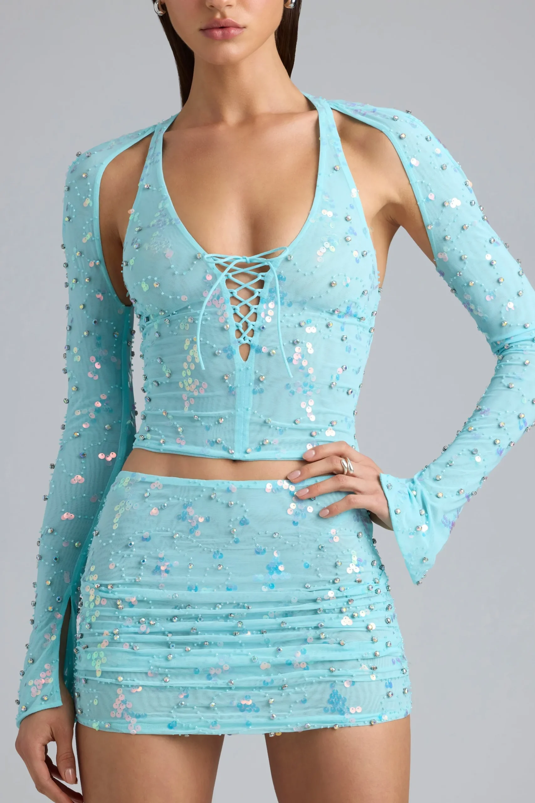Oh Polly Women'S Clothing Sale - $65 And Under | Women'S Clothing Sale - $40 And Under^Embellished Cut-Out Halterneck Top in Ice Blue IceBlue