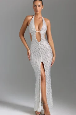 Oh Polly Party Dresses | Birthday^Embellished Cut-Out Halterneck Maxi Dress in White
