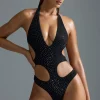 Oh Polly Swimsuits^Embellished Cut-Out One-Piece Swimsuit in Black