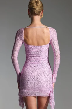 Oh Polly Party Dresses | Birthday^Embellished Draped Cowl-Neck Mini Dress in Peony Pink PeonyPink