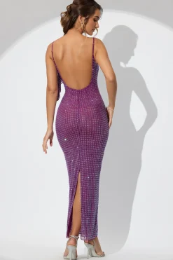 Oh Polly Party Dresses | Birthday^Embellished Draped Ruffle Maxi Dress in Plum