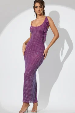 Oh Polly Party Dresses | Birthday^Embellished Draped Ruffle Maxi Dress in Plum
