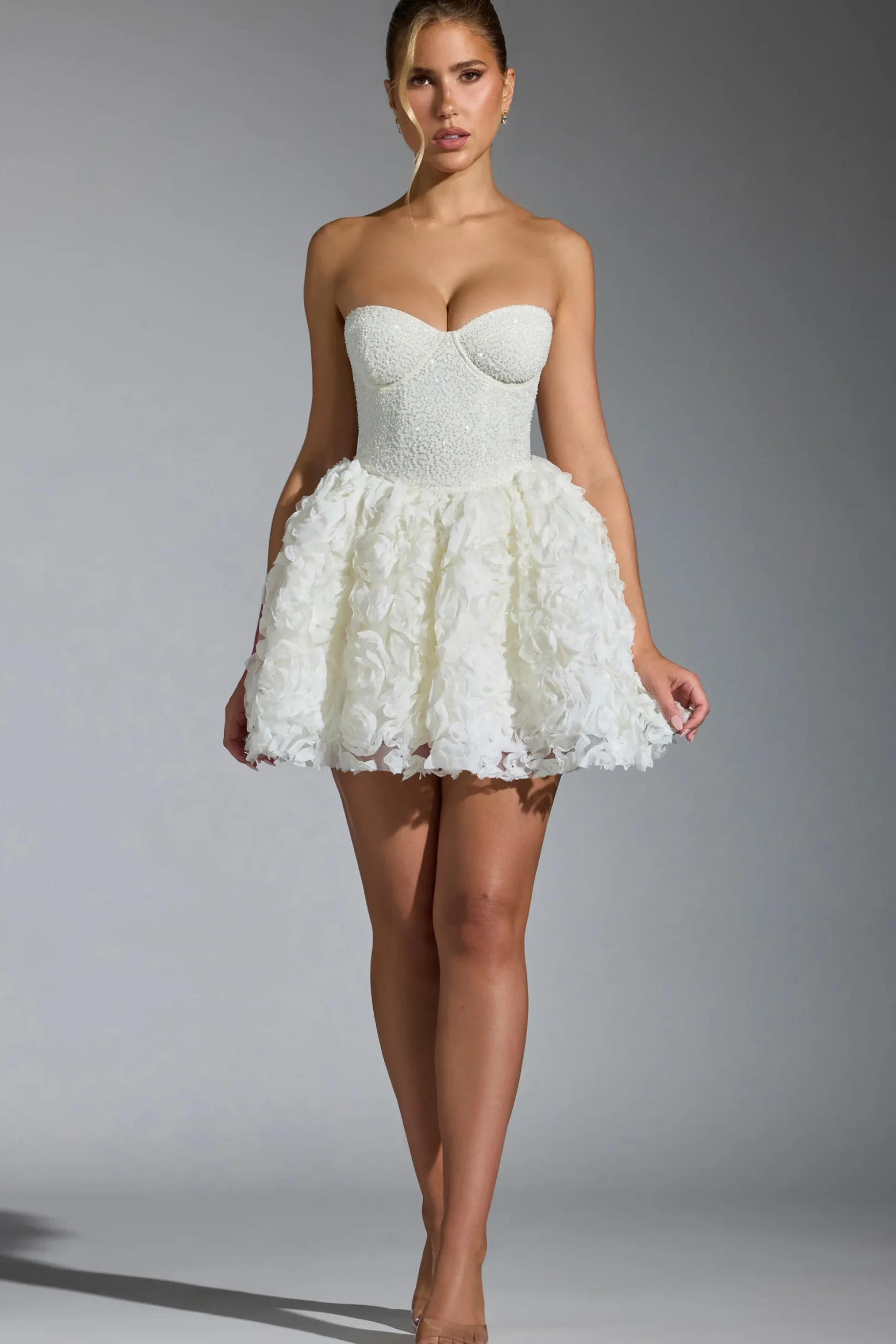 Oh Polly Party Dresses | Birthday^Embellished Floral-Appliqué Lace-Up Mini Dress in White