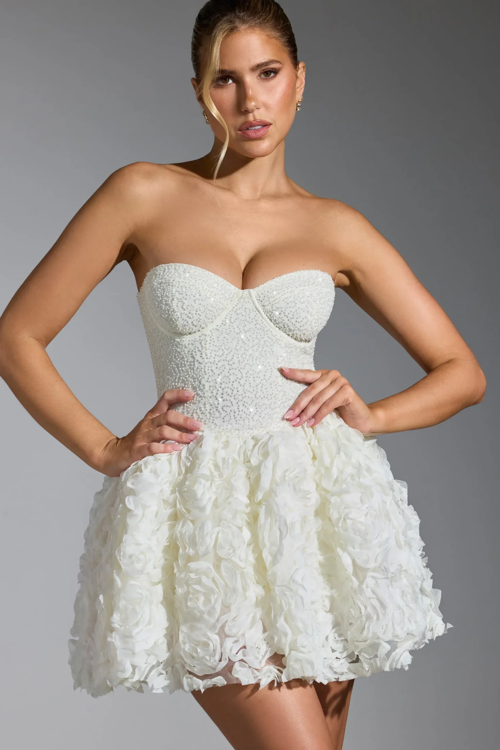 Oh Polly Party Dresses | Birthday^Embellished Floral-Appliqué Lace-Up Mini Dress in White