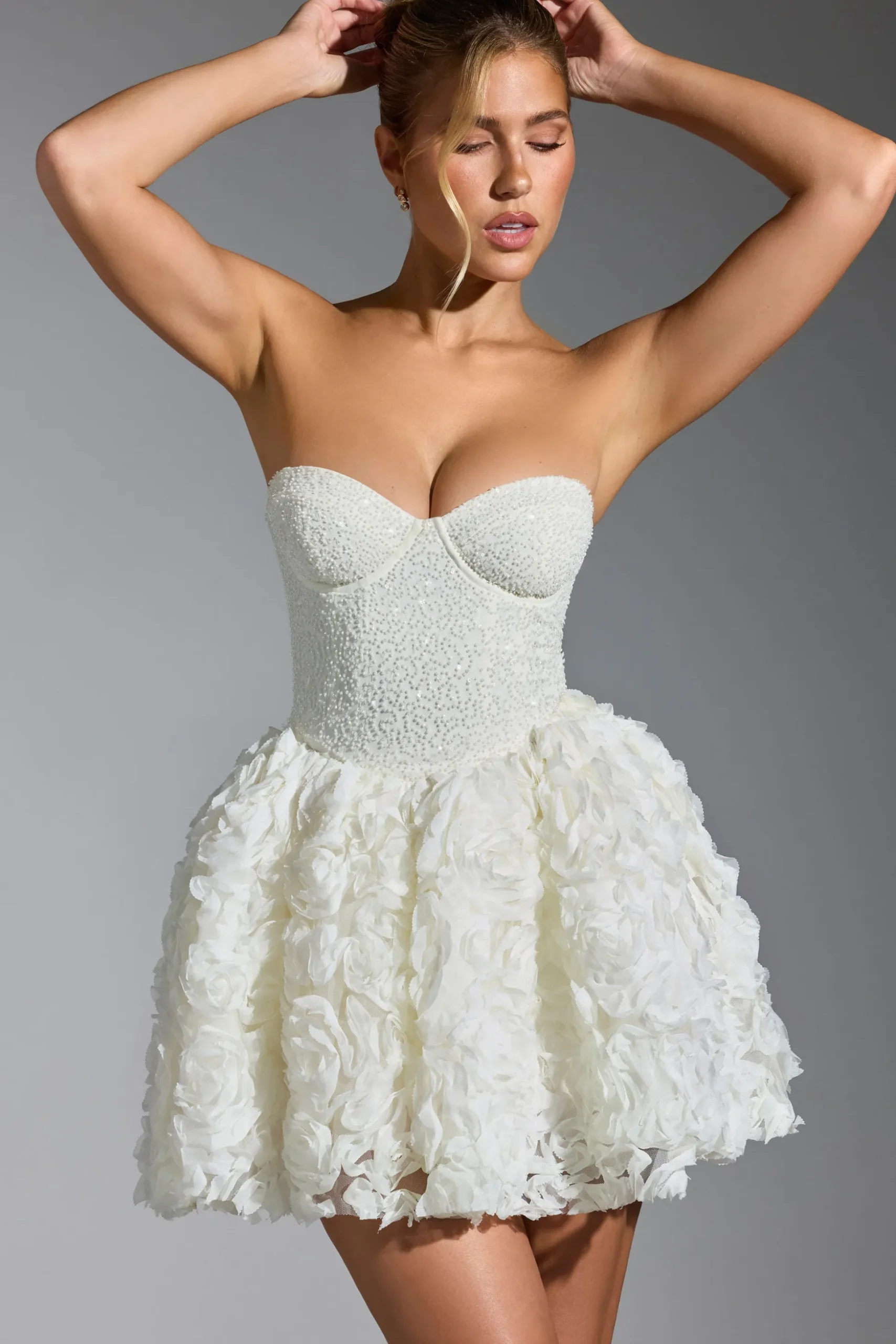 Oh Polly Party Dresses | Birthday^Embellished Floral-Appliqué Lace-Up Mini Dress in White