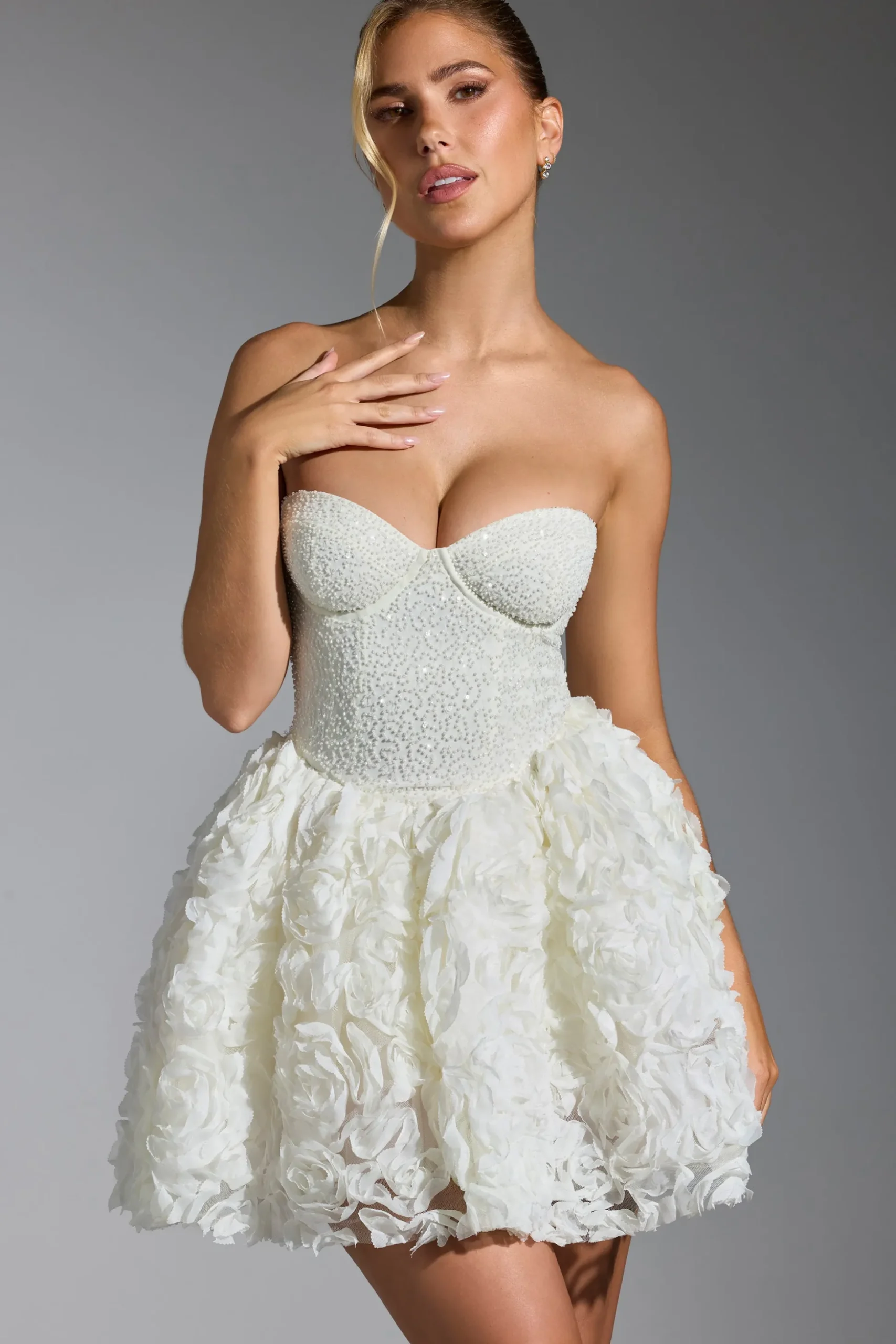 Oh Polly Party Dresses | Birthday^Embellished Floral-Appliqué Lace-Up Mini Dress in White
