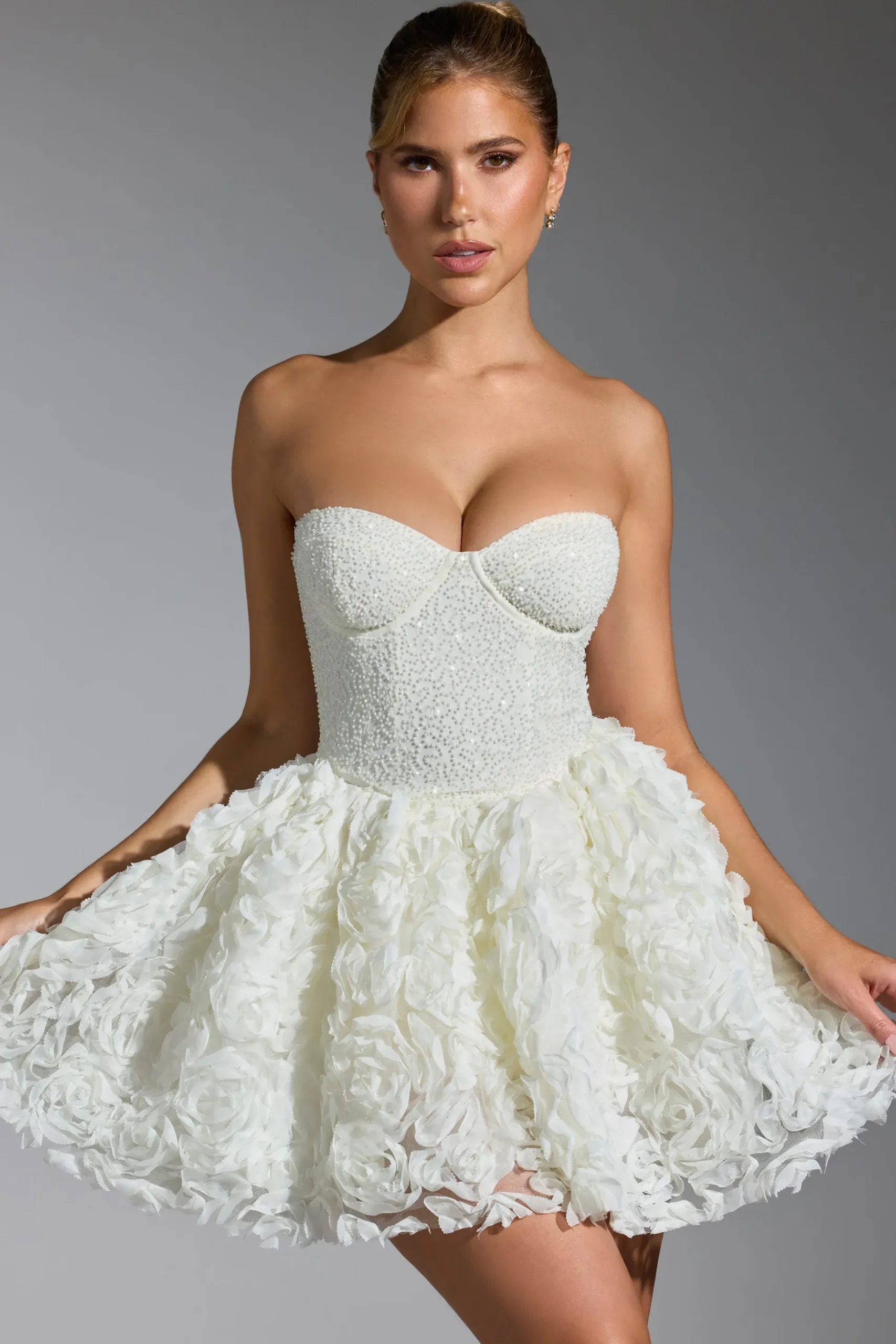 Oh Polly Party Dresses | Birthday^Embellished Floral-Appliqué Lace-Up Mini Dress in White