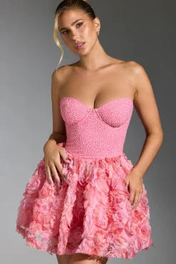 Oh Polly Party Dresses | Birthday^Embellished Floral-Appliqué Lace-Up Mini Dress in Pink