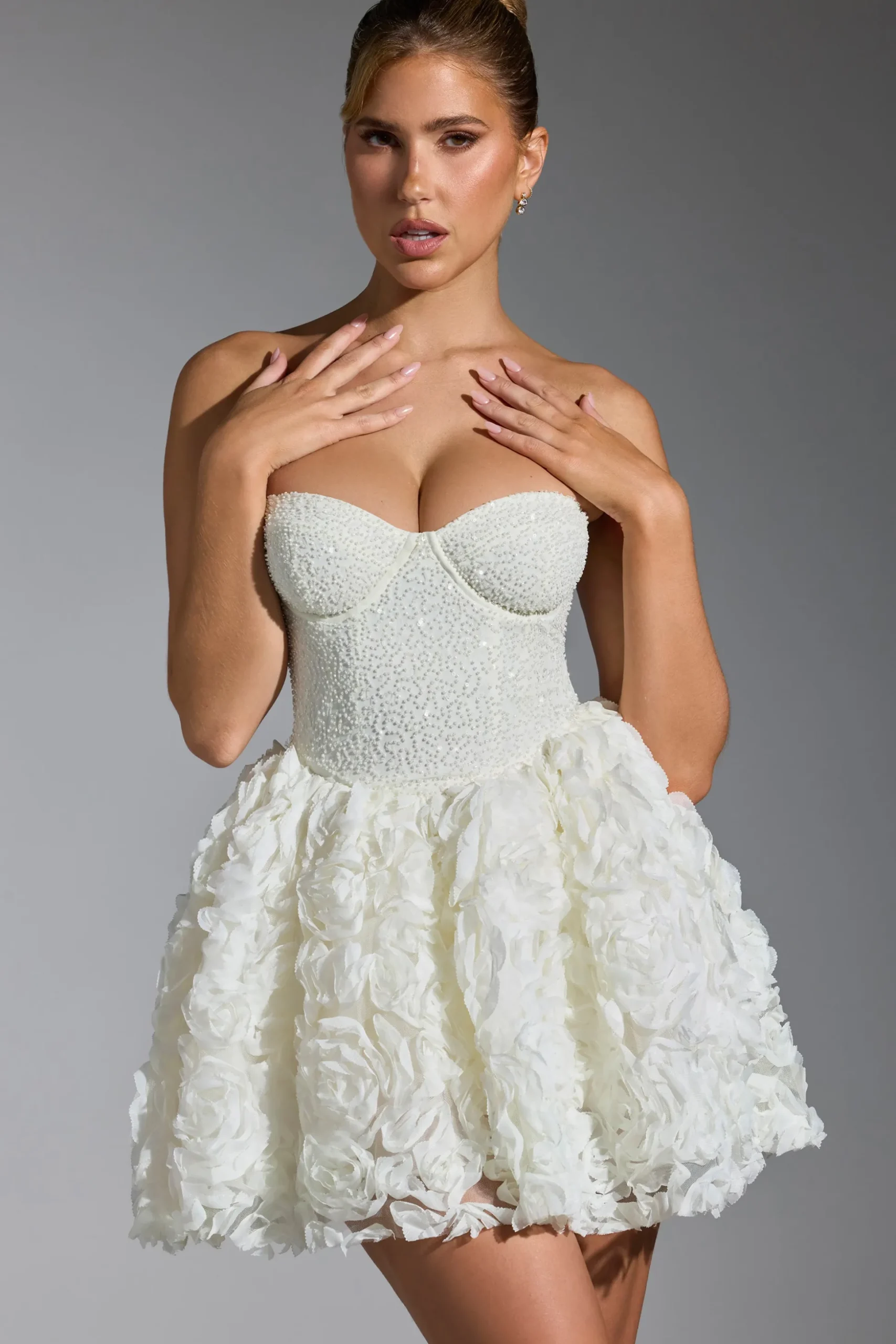 Oh Polly Party Dresses | Birthday^Embellished Floral-Appliqué Lace-Up Mini Dress in White
