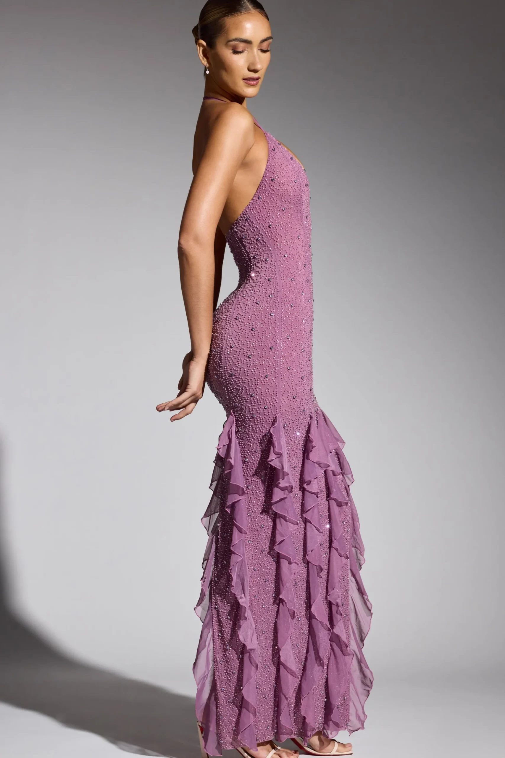 Oh Polly Wedding Guest | Party Dresses^Embellished Halter Neck Ruffle Maxi Dress in Grape