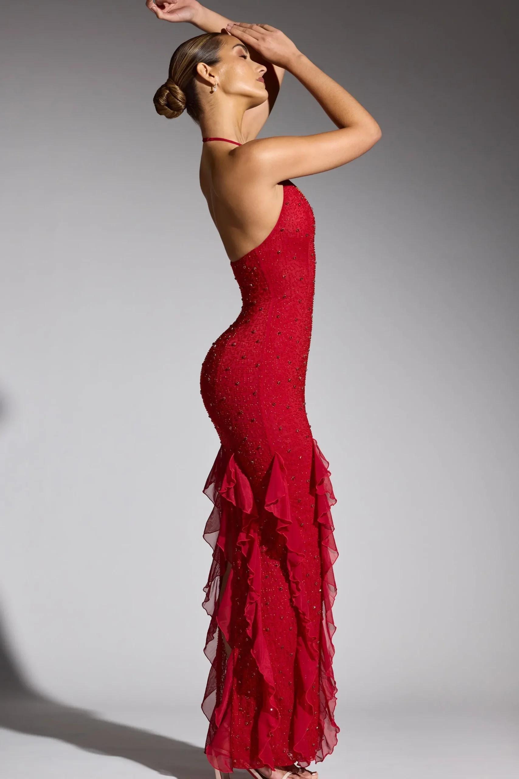 Oh Polly Wedding Guest | Party Dresses^Embellished Halter Neck Ruffle Maxi Dress in Red