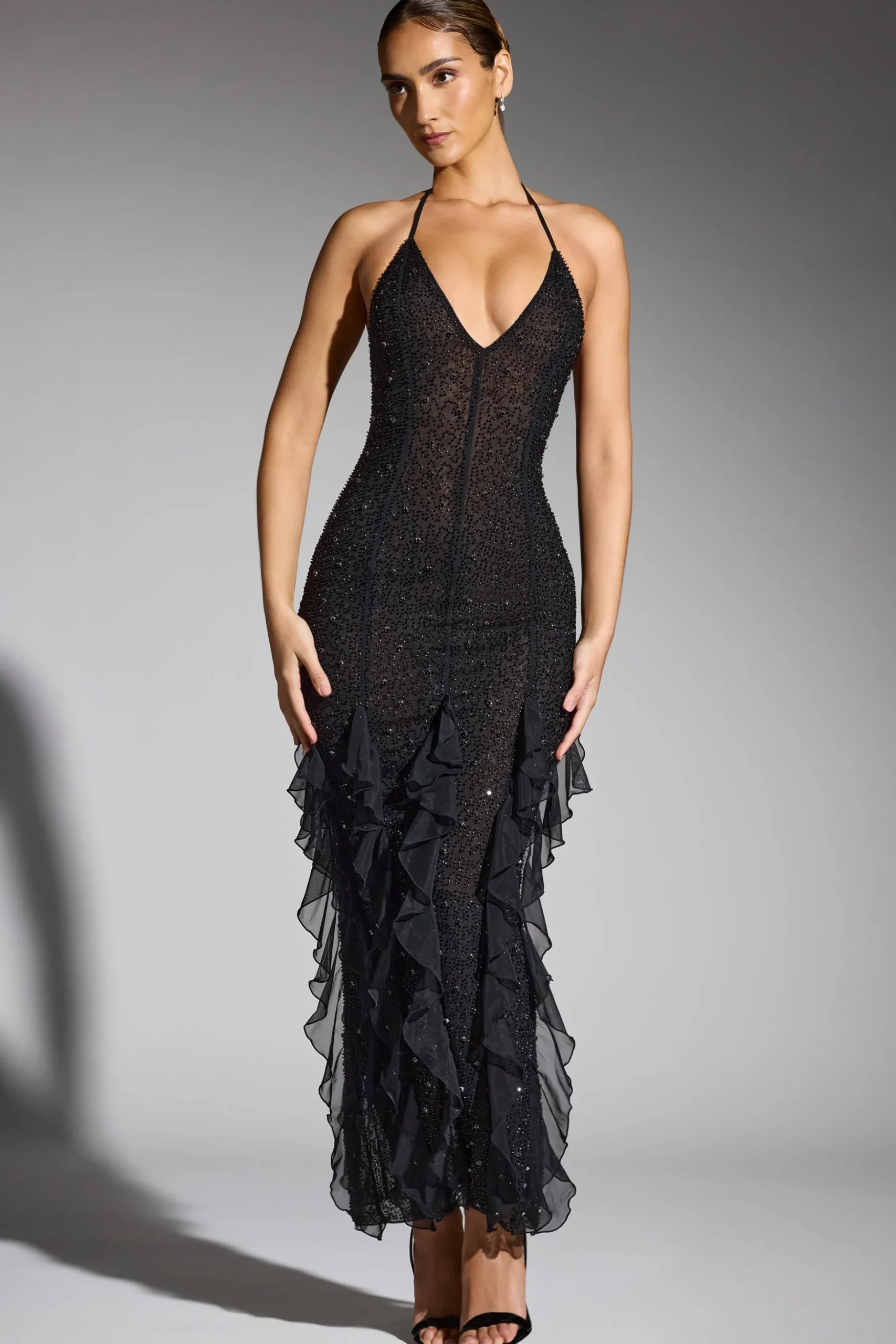 Oh Polly Wedding Guest | Party Dresses^Embellished Halter Neck Ruffle Maxi Dress in Black