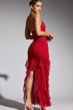Oh Polly Wedding Guest | Party Dresses^Embellished Halter Neck Ruffle Maxi Dress in Red