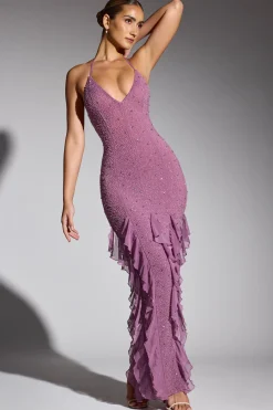 Oh Polly Wedding Guest | Party Dresses^Embellished Halter Neck Ruffle Maxi Dress in Grape