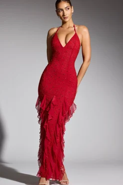 Oh Polly Wedding Guest | Party Dresses^Embellished Halter Neck Ruffle Maxi Dress in Red
