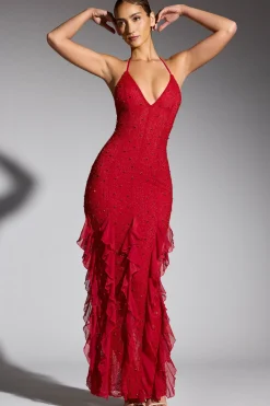 Oh Polly Wedding Guest | Party Dresses^Embellished Halter Neck Ruffle Maxi Dress in Red