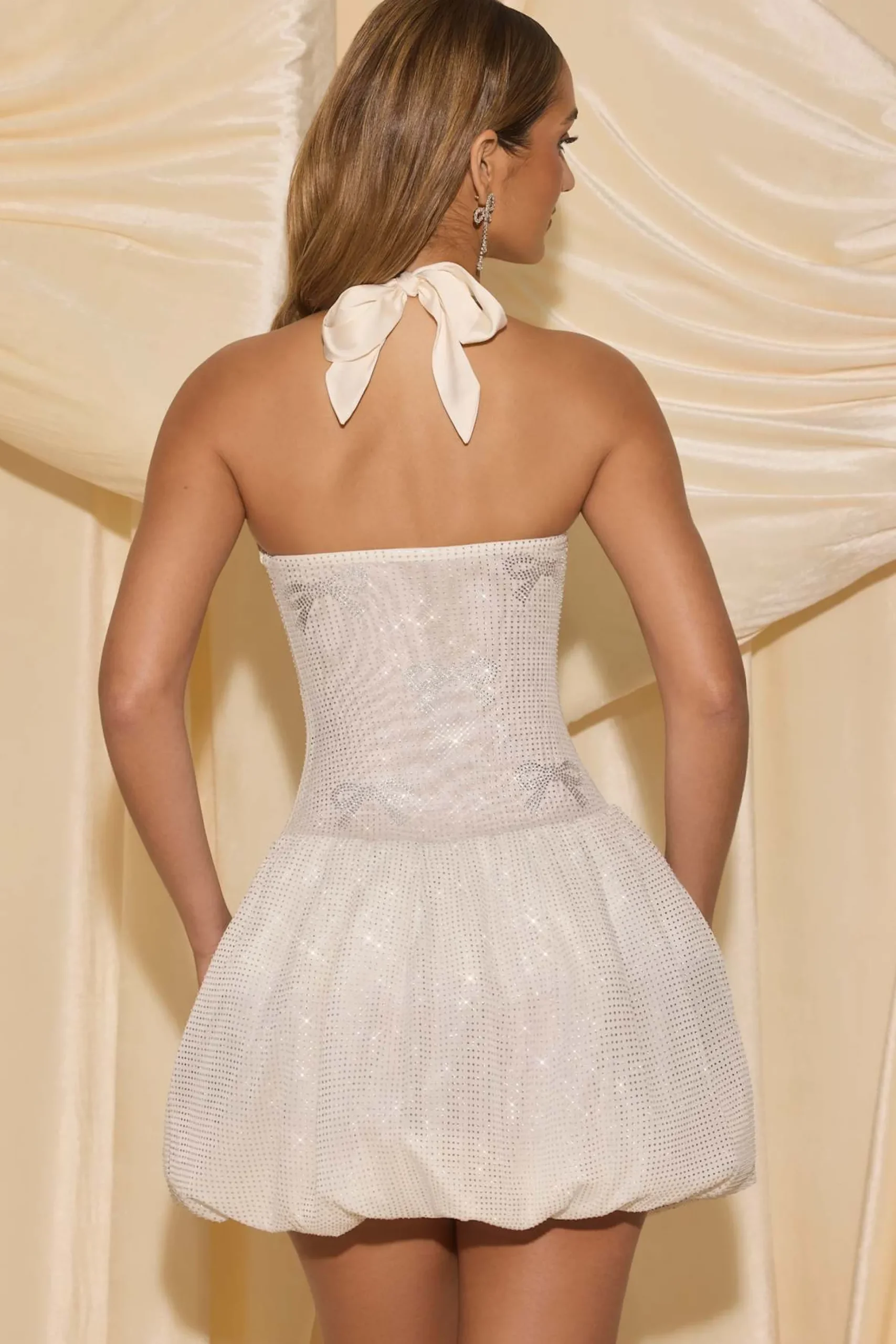 Oh Polly Embellished Dresses^Embellished Halterneck Bubble Hem Mini Dress in Ivory